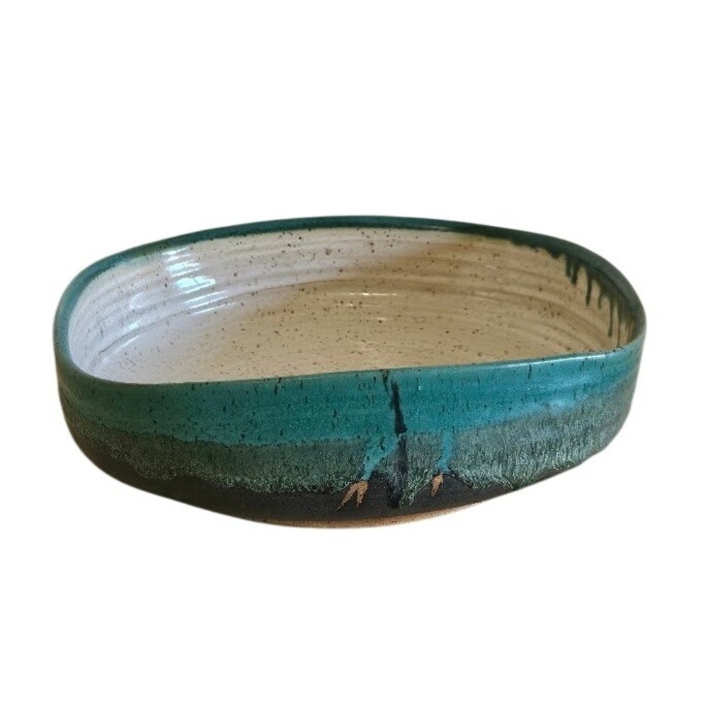 Studio Pottery Handcrafted Turquoise Drip Glaze Speckled Ceramic Serving Bowl